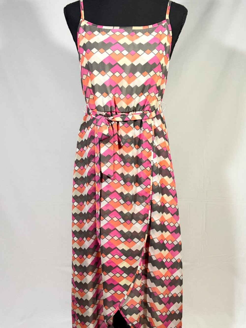 Tulle Sundress Women’s L Gray Pink Geometric Print Flowy Maxi Dress EUC